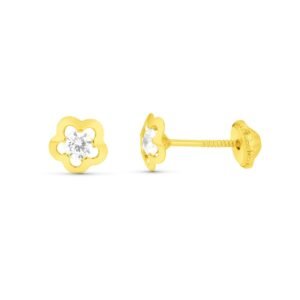 Pendientes flor y circonita 6mm oro 18k.