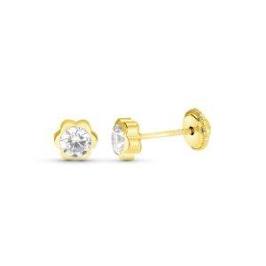 Pendientes flor y circonita 6mm oro 18k