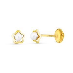 Pendientes flor y perla oro 18k