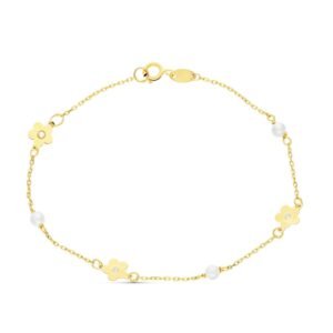 Pulsera comunión oro 18k flor y perlas