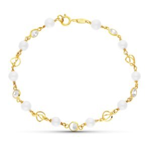Pulsera comunión 18k perla,canastilla y circonita.