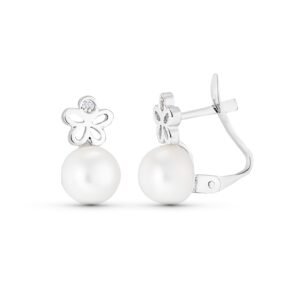 PENDIENTES FLOR Y PERLA ORO BLANCO 18K