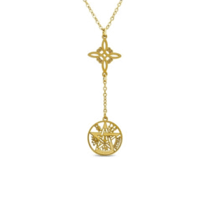 COLGANTE ACERO NUDO DE BRUJA Y TETRAGRAMATÓN CHAPADO