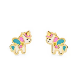 Pendientes unicornio esmalte oro 9kilates