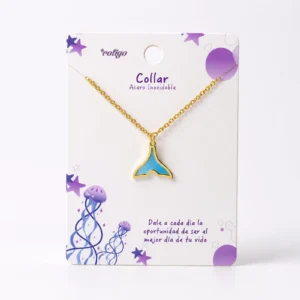 Collar cola de sirena en azul en acero chapado en oro