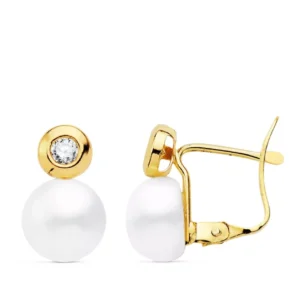 Pendientes perla y chaton con circonitas oro 9kilates