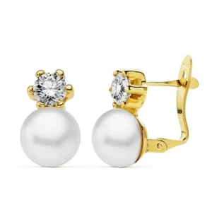 Pendientes perla con circonita en palillo catalan oro 9kilates